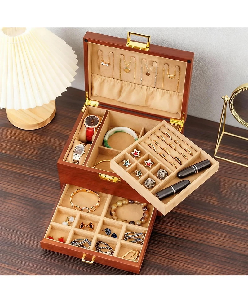 Yigii Solid Wood Jewelry Box with Velvet Lining and Lock