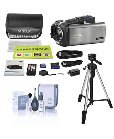 Minolta MN4K100Z 28MP 4K Ultra Hd 3.5" Touchscreen Night Vision Camcorder, Gunmetal with Aluminum 3-Section Tripod with 3-Way Head, 61" Max