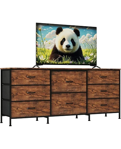Gaomon 8 Drawer Fabric Dresser Tv Stand with Wooden Top, Metal Frame Storage Chest, Wide Closet Orgzr for Bedroom Living Room Hallway, Natural Wood