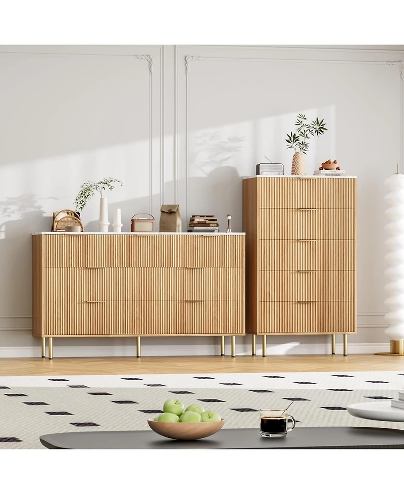 gaomon 5-drawer dresser is a 47.9" tall wood piece with a fluted design and metal handles, designed as a functional chest of drawers