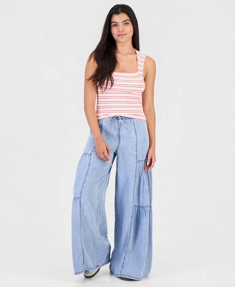 Madden Girl Juniors' Chambray Tiered-Leg Drawstring Pants