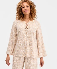 Jm Collection Women's Printed Lace-Up Linen-Blend Top, Macy's Exclusive