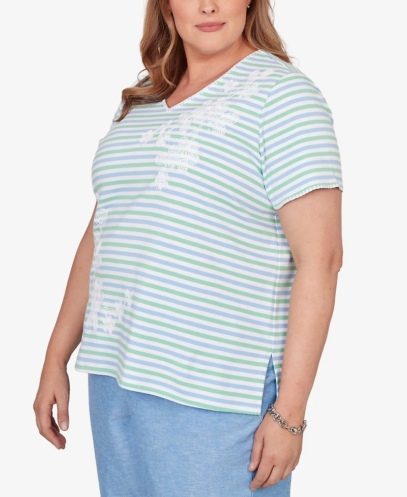 Alfred Dunner Plus Caribbean Blues Highlight Flower Striped Top