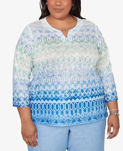 Alfred Dunner Plus Caribbean Blues Ombre Biadere Split Neck Top