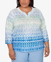 Alfred Dunner Plus Caribbean Blues Ombre Biadere Split Neck Top