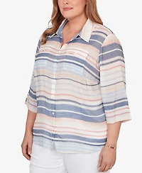 Alfred Dunner Plus Port Side Textured Stripe Button Front Top