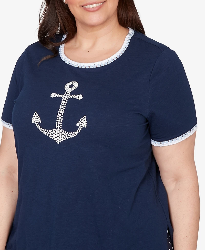 Alfred Dunner Plus Port Side Pearl Anchor Graphic T-Shirt