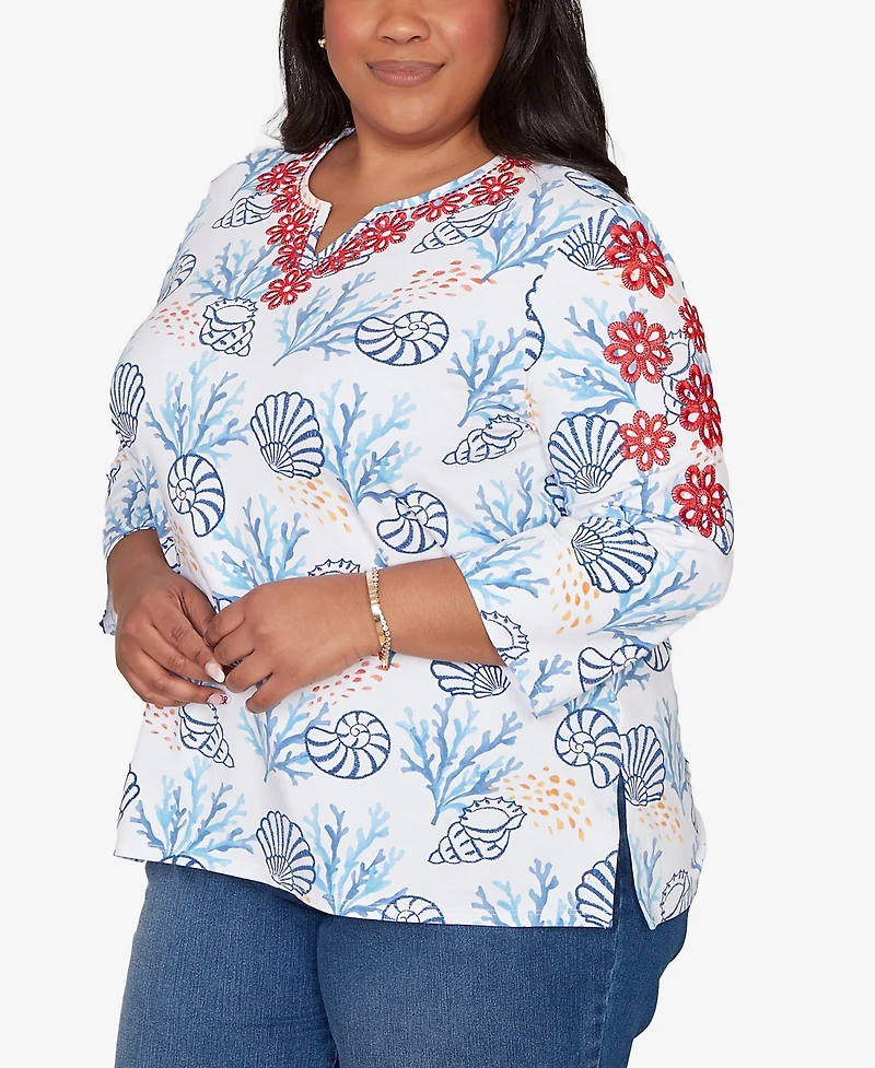 Alfred Dunner Plus Port Side Shell Print Embroidered Top