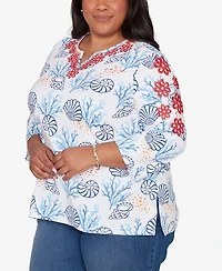 Alfred Dunner Plus Port Side Shell Print Embroidered Top