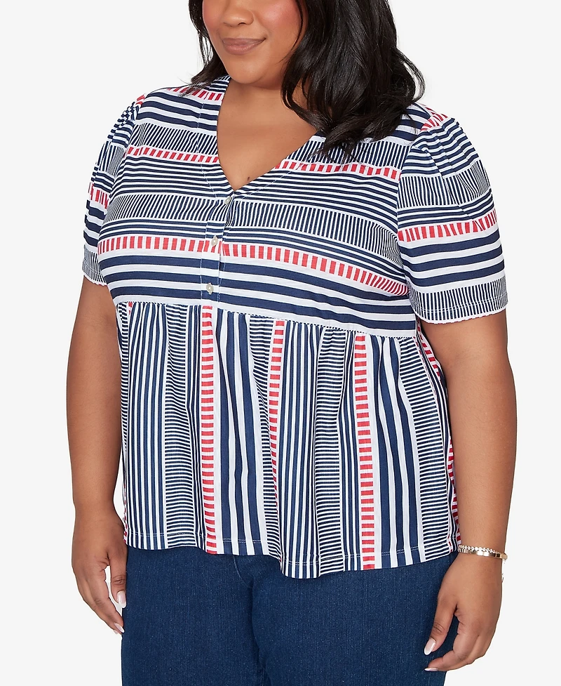 Alfred Dunner Plus Port Side Spliced Mixed Stripe Flutter-Sleeve Top