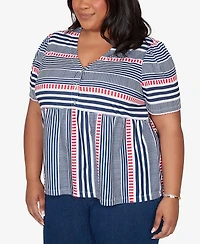 Alfred Dunner Plus Port Side Spliced Mixed Stripe Flutter-Sleeve Top