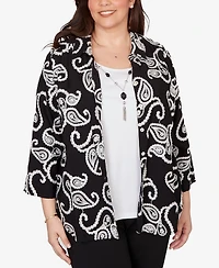 Alfred Dunner Plus Crowd Pleaser Paisley Embroidered Two One Top with Necklace