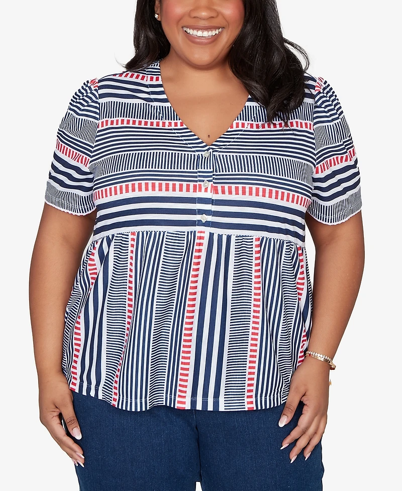Alfred Dunner Plus Port Side Spliced Mixed Stripe Flutter-Sleeve Top