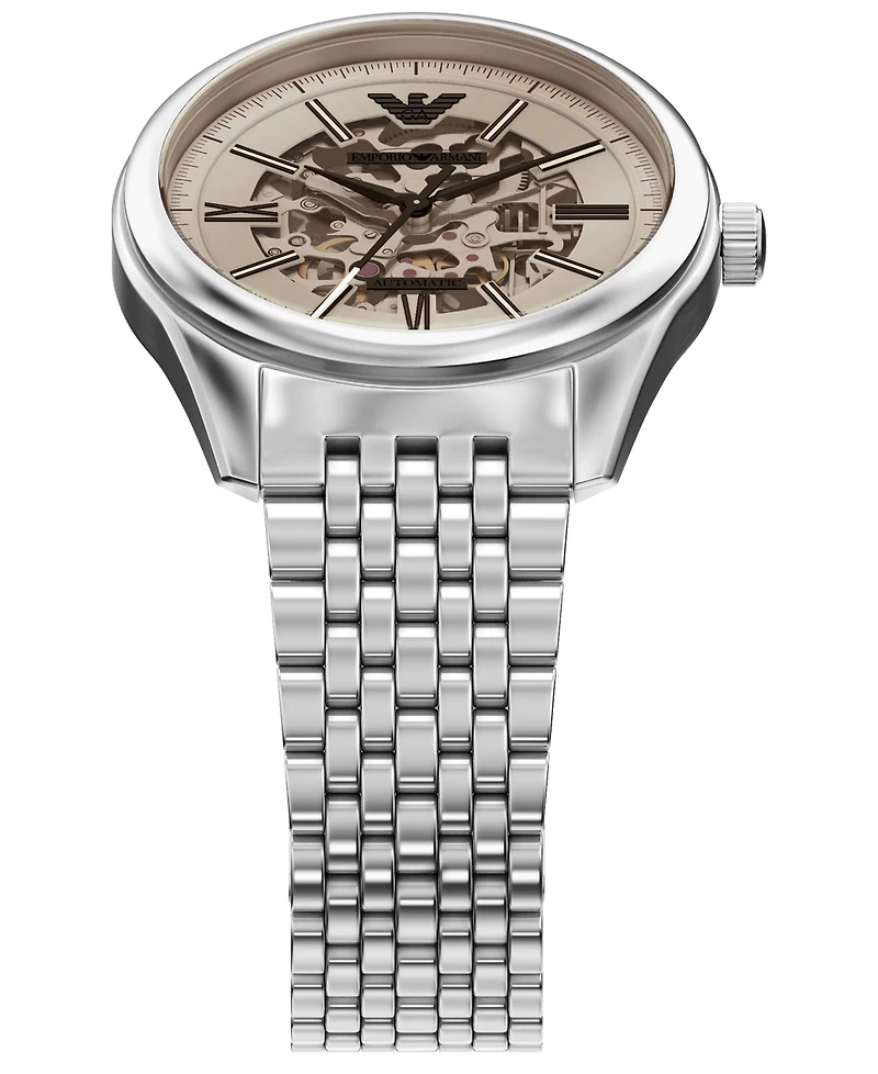 Emporio Armani Men's Automatic Three-Hand Silver Stainless Steel Watch, 43mm