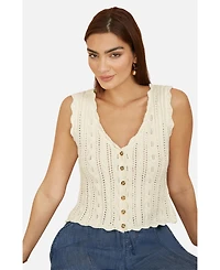 Yumi Women's V Neck Button Down Crochet Knitted Top