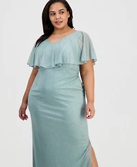 Connected Plus Cape-Overlay V-Neck Glitter Dress