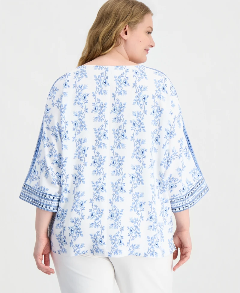Anne Klein Plus Printed Boat-Neck 3/4-Sleeve Top