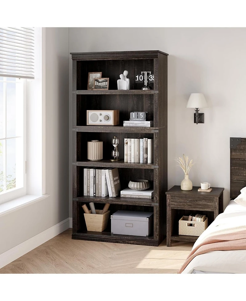 gaomon 67.4" Tall 5-Tier Farmhouse Bookcase - Wooden Bookshelf with Open Display Shelves and Storage, Freestanding Home Office, Living Room
