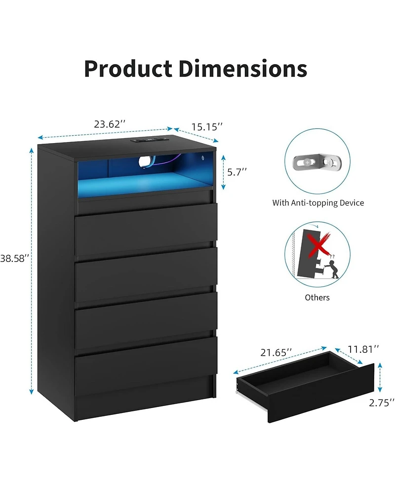 gaomon 8 Drawer Dresser with Charging Station and Led Lights, Modern Chest of Drawers with Power Outlet, Organizer Cabinet