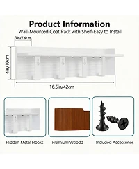 Yigii Solid Wood Wall Shelf with Hidden Hooks for Coats, Hats, Bags, Towels