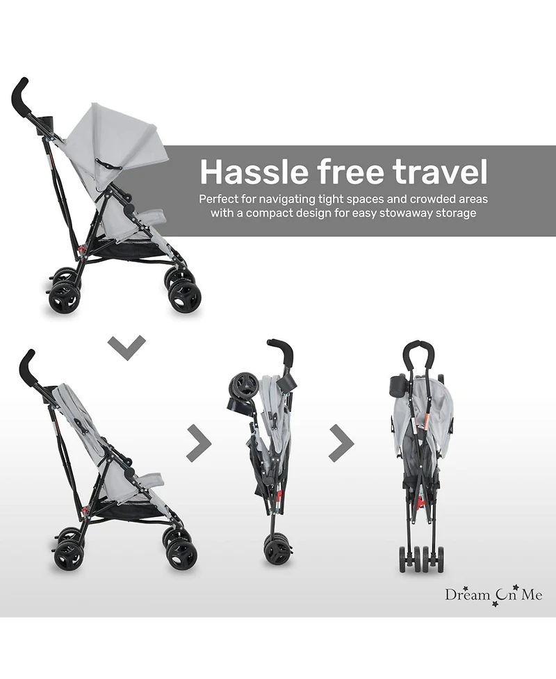 Dream On Me Toddler Rover Stroller: Lightweight, compact travel umbrella stroller. One-hand fold, lockable rear wheels, adjustable canopy, & 3-point h