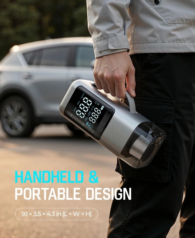 Sugift Portable 4-in-1 Car Jump Starter 1000A, 150 Psi Air Compressor, Handheld Vacuum, Led Emergency Light, Power Bank