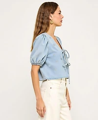 Modenaire Women's Embroidered Puff Sleeve V-Neck Tie-Front Top