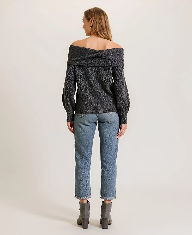 Modenaire Women's Off-Shoulder Metallic Knit Sweater Top