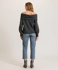 Modenaire Women's Off-Shoulder Metallic Knit Sweater Top