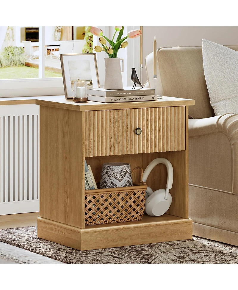 gaomon Fluted Nightstand with Drawer, Mid Century Modern Bedside Table with Open Shelf, Nightstand with Storage