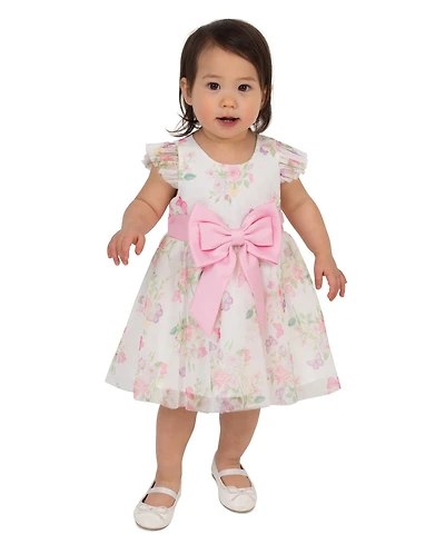 Rare Editions Baby Girls' Botanical Floral Mesh Round Neck Dress and Panty, 2-Piece Set