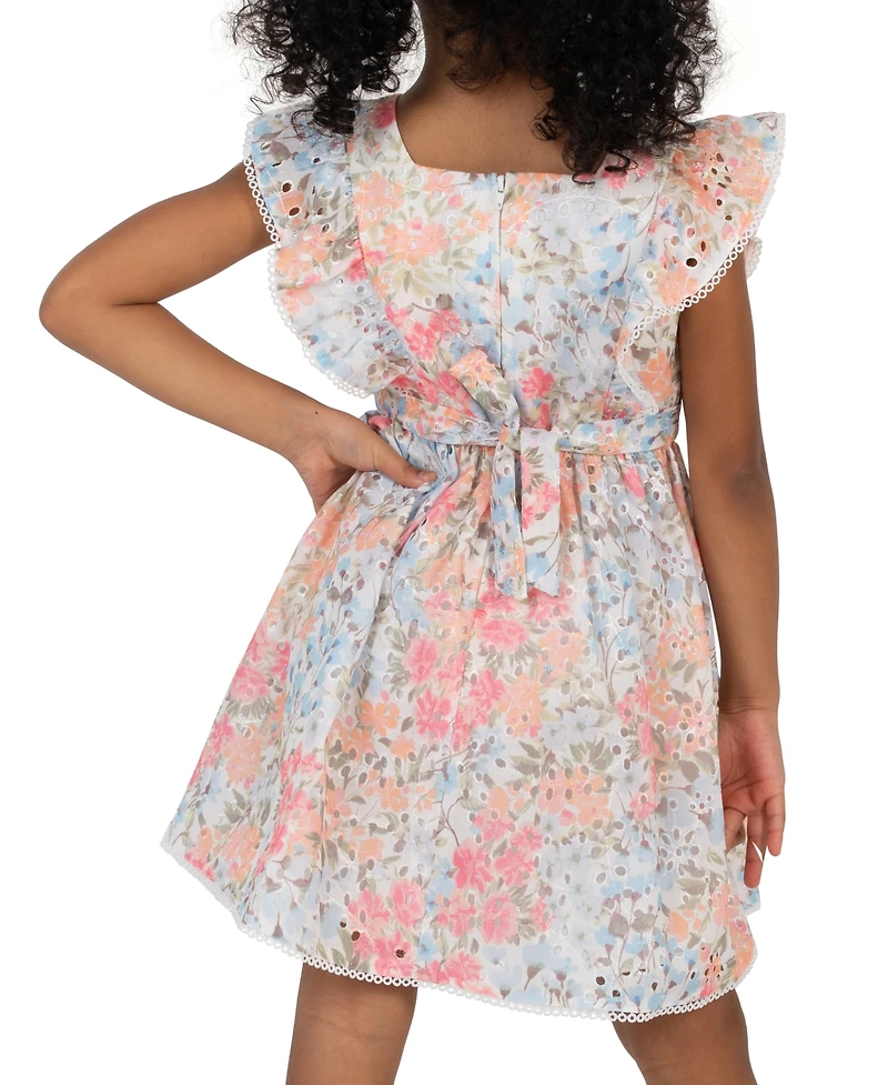 Rare Editions Girls' 2T-6X Printed Eyelet Square Neck Ruffle Dress