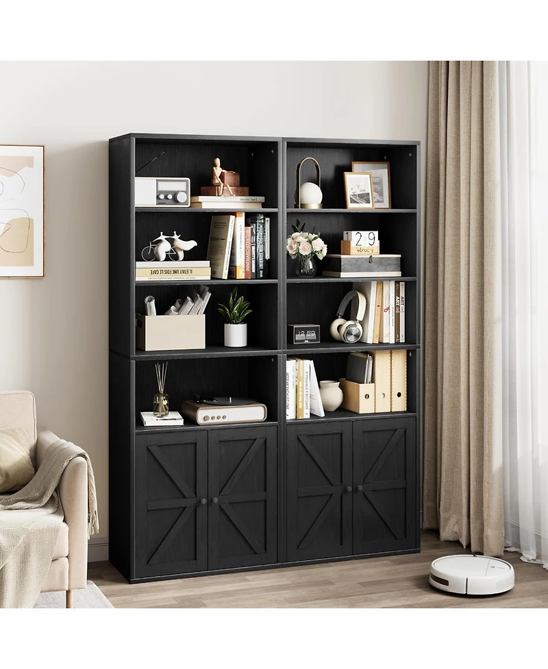 gaomon Industrial Bookcase with Doors – 6-Shelf Farmhouse Wooden Bookshelf, 11.8" Deep Display Storage Shelves for Bedroom, Living Room