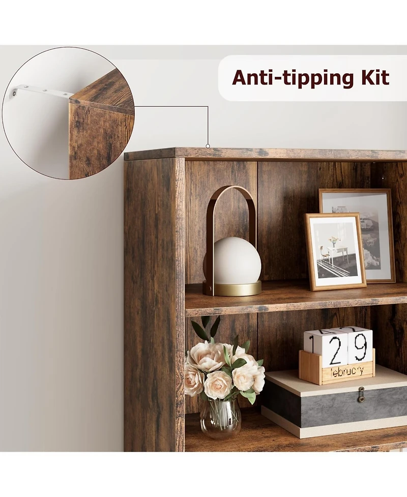 gaomon Industrial Bookcase with Doors – 6-Shelf Farmhouse Wooden Bookshelf, 11.8" Deep Display Storage Shelves for Bedroom, Living Room