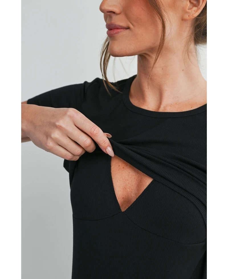Hello Miz Maternity Nursing Ribbed Short-Sleeve Crewneck Top with Lift-Up Panel