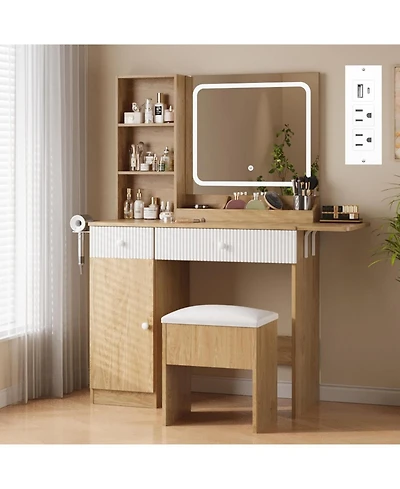 gaomon Makeup Vanity with Lighted Mirror - Vanity Desk with Power Strip/Adjustable Lighting/Drawers and Cushioned Stool