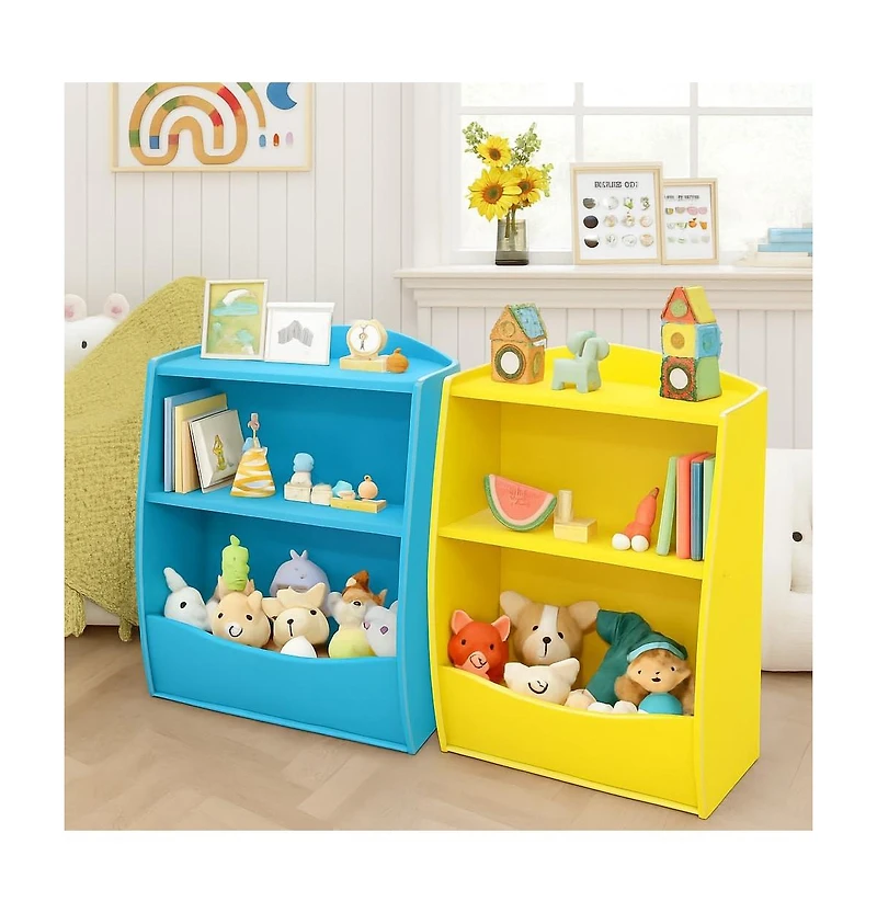 gaomon 2-Tier Kids Toy Storage Organizer with Bookshelf, Wooden Book Display Shelf for Playroom