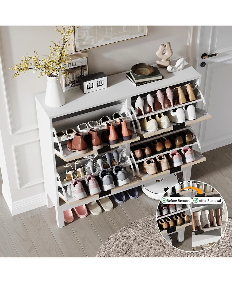 gaomon Farmhouse Shoe Cabinet with 4 Flip Drawers – Freestanding Fluted Shoe Organizer with Metal Legs, Slim Hidden Shoe Rack