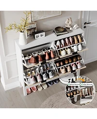 gaomon Farmhouse Shoe Cabinet with 4 Flip Drawers – Freestanding Fluted Shoe Organizer with Metal Legs, Slim Hidden Shoe Rack