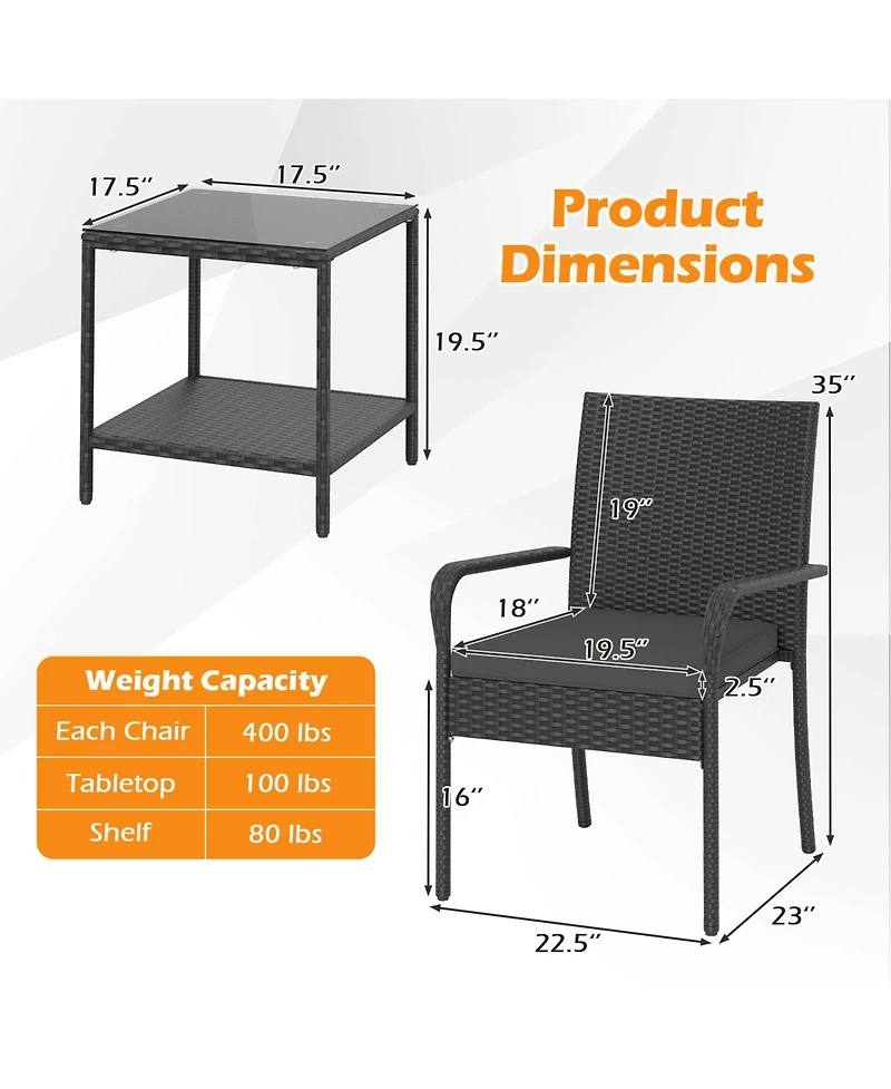Gymax 3 Piece Patio Furniture Set Outdoor Wicker Chair & Table w/ Seat Cushions