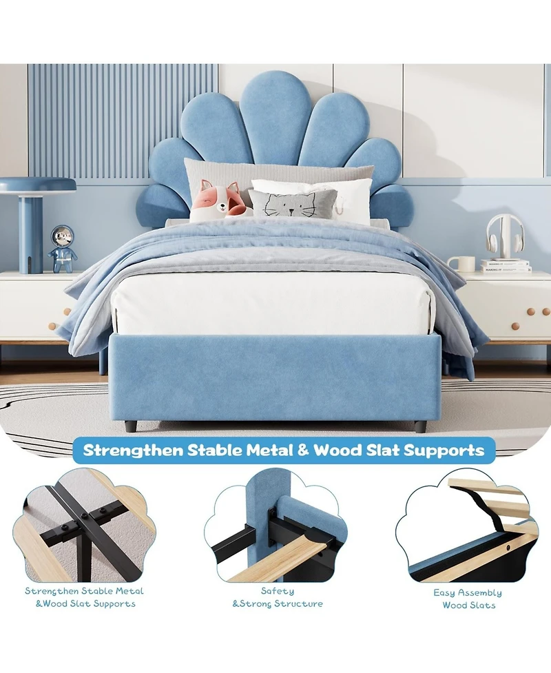 gaomon Twin Kids Bed Frame with Storage Drawers, Velvet Upholstered Headboard