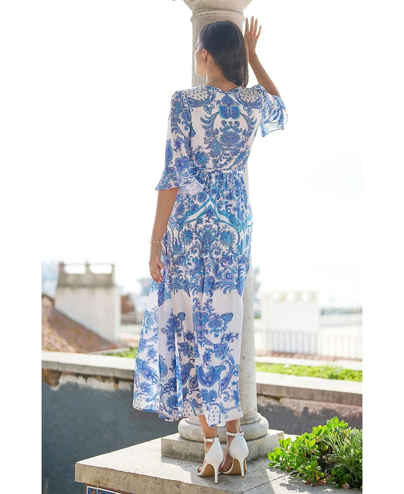 Yumi Women's 3/4 Sleeves Paisley Wrap Midi Dress