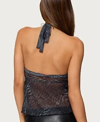 Edikted Womens Tiger Printed Mesh Babydoll Top