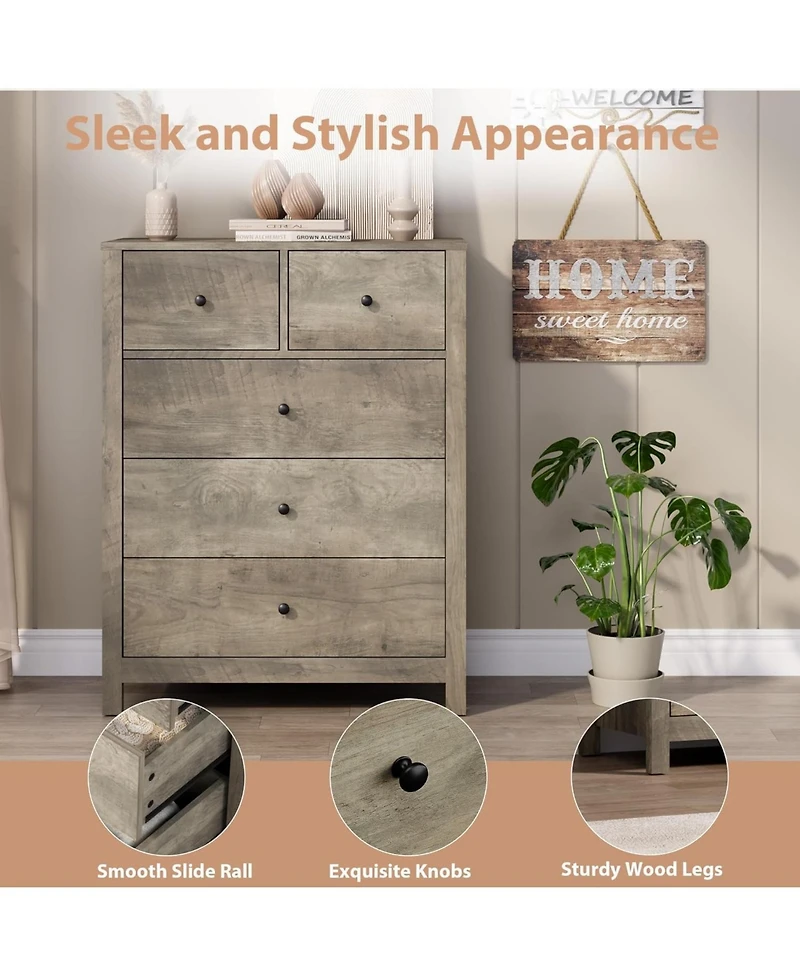 gaomon Dresser for Bedroom, Tall 5 Drawer Dresser with Deep Drawers & Metal Knobs, Modern Wooden Double Chests of Drawers for Kids Bedroom, Entryway