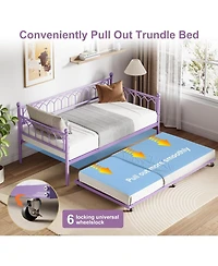 gaomon Twin Daybed with Trundle, Metal Sofa Bed Frame with Charging Station & Led Lights, Pull-Out Trundle for Bedroom, Guest Room, Small Spaces