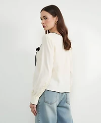 Draft - Modenaire Women's Embroidered Blouse with Velvet Bow and Scalloped Hem