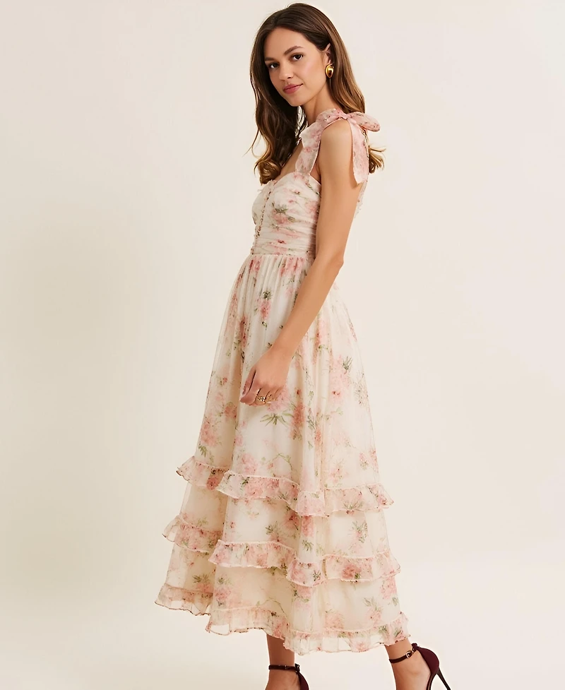 Modenaire Women's Floral Tiered Ruched Bodice Tie-Shoulder Midi Dress