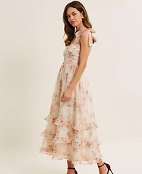 Modenaire Women's Floral Tiered Ruched Bodice Tie-Shoulder Midi Dress