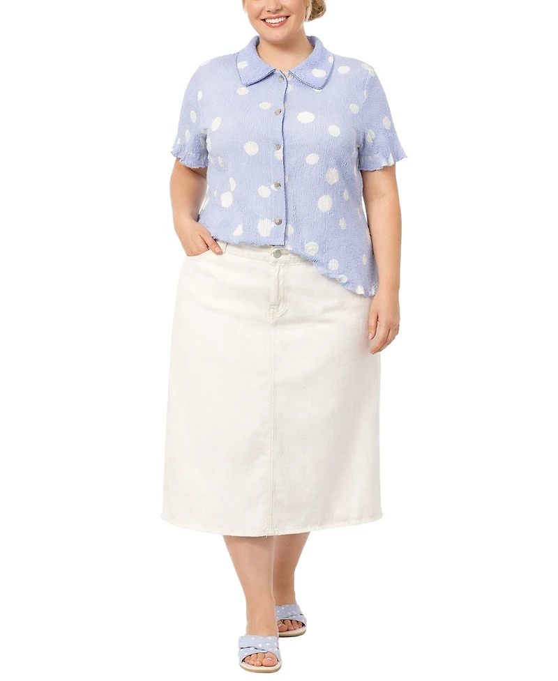 Coin 1804 Plus Polka Dot Crinkle Knit Button Short Sleeve Shirt