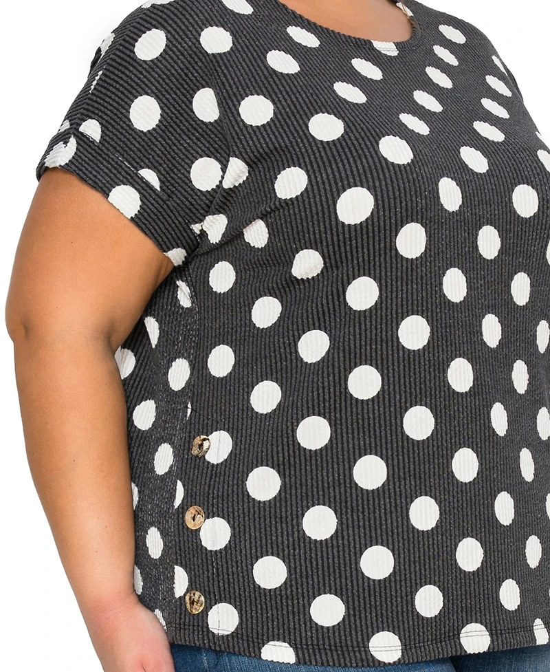 Coin 1804 Plus Polka Dot Double Knit Rolled Sleeve Side Button Top